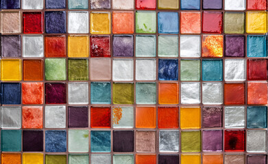 Colorful abstract grunge glass square mosaic tile mirror wall.