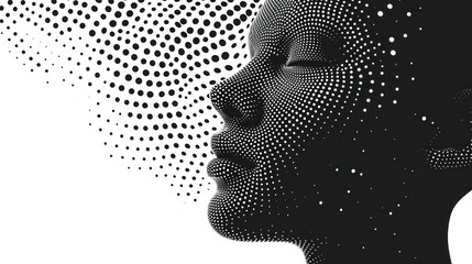  a black and white photo of a person's face with dots all over the face and in the head. - obrazy, fototapety, plakaty