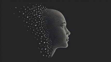  a black and white photo of a person's head with a lot of dots coming out of the head.