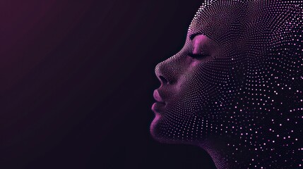 a woman's face with a lot of dots in the shape of a woman's head on a purple background.