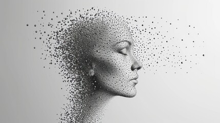  a black and white photo of a woman's face with a lot of dots coming out of her head.