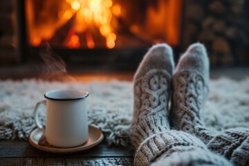 nordic socks female winter indoor fireplace close-up legs warm moody cosy hot tea relaxation, legs in front of fireplace - obrazy, fototapety, plakaty