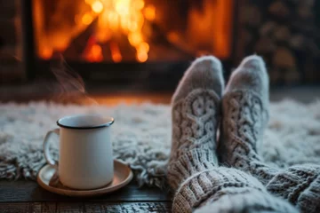Draagtas nordic socks female winter indoor fireplace close-up legs warm moody cosy hot tea relaxation, legs in front of fireplace © Hugo