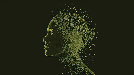  a woman's head with a lot of dots in the shape of a woman's head on a black background.