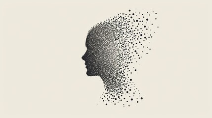  a silhouette of a person's head with a lot of dots in the shape of a woman's head.