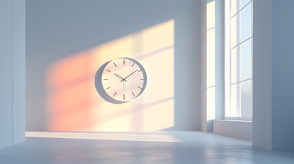 Modern Room with Clock on White Wall and Sunlight through Windows