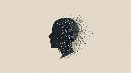  a silhouette of a woman's head with dots in the shape of a woman's head on a beige background. - obrazy, fototapety, plakaty