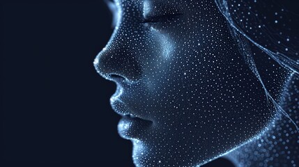  a close up of a person's face with dots all over the face and in the background, there is a black background.