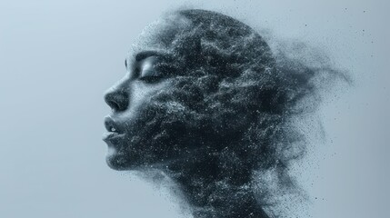  a black and white photo of a woman's face with a lot of dust coming out of her hair. - obrazy, fototapety, plakaty