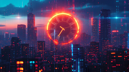 Fototapeta na wymiar Digital City with Neon Clock