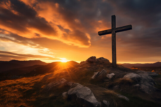 Serene sunset sky gracefully frames a cross, creating a powerful and contemplative scene. Ideal stock photo for religious, inspirational, and tranquil themes