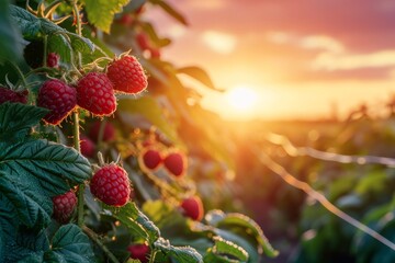 Growing raspberries harvest and producing vegetables cultivation. Concept of small eco green business organic farming gardening and healthy food - obrazy, fototapety, plakaty