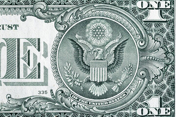 Vintage elements of paper banknotes.Bonistics.Fragment of 1 US dollar banknote for design purpose. United States of America
