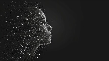  a black and white photo of a woman's face with dots coming out of the side of her face. - obrazy, fototapety, plakaty