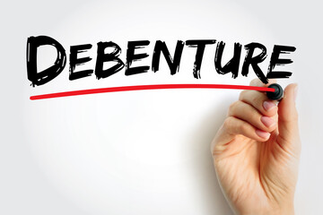 Debenture is a type of long-term business debt not secured by any collateral, text concept...