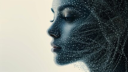  a close up of a person's face with a lot of dots on the face and a white background.