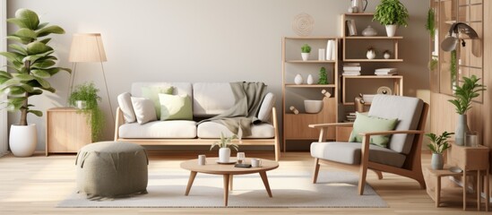 Modern, chic Scandinavian living room with wooden furniture, armchair, carpet, leafy vase, books, and personal decor.