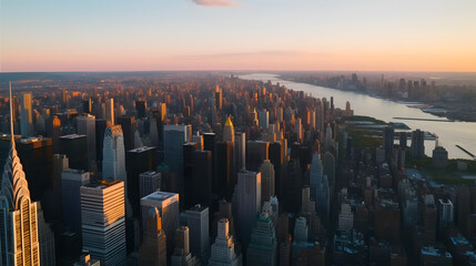 Scenic Aerial New York City View of Manhattan Residential and Office Architecture. Panoramic Evening Sunset Photo from a Helicopter. Cityscape with Skyscrapers Near Central Park in Midtown Area