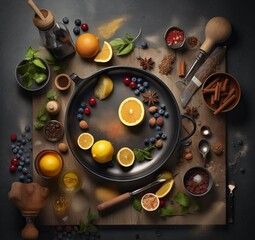 A pan filled with fruit and spices on top of a table