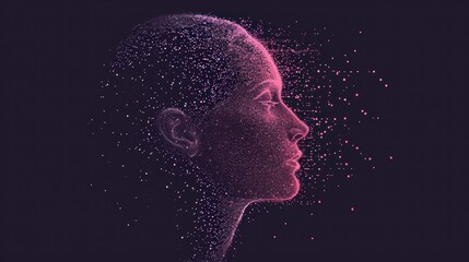  a woman's head with a lot of small dots coming out of the side of her face in pink and purple. - obrazy, fototapety, plakaty