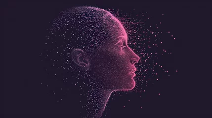 Foto op Canvas  a woman's head with a lot of small dots coming out of the side of her face in pink and purple. © Shanti