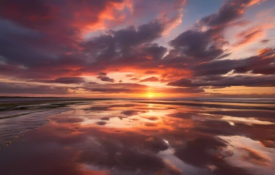 sunset over the sea ,  a stunning image of a vibrant sunset with clouds reflected on the wet sand 