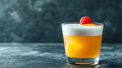  a glass of orange juice with a straw and a strawberry on the top of the glass, on a dark background.