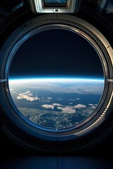 spaceship round window with sunrise over planet view, space station porthole illuminator with planetary sunset view, astronomy background