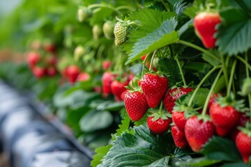 Growing strawberry harvest and producing vegetables cultivation in greenhouse. Concept of small eco green business organic farming gardening and healthy food