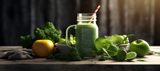 green food with healthy smoothie in container on the counter
