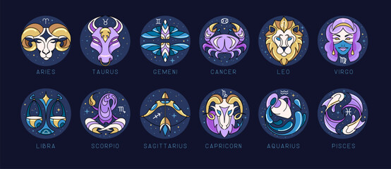 Set of modern cartoon astrology zodiac signs isolated on blue background. Set of Zodiac icons. Vector illustration - obrazy, fototapety, plakaty