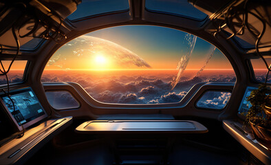 spaceship window with sunrise over planet view, space station porthole illuminator with planetary sunset view, astronomy background