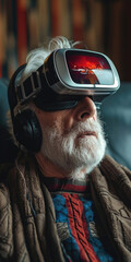 Ein alter Mann trägt ein VR Headset - obrazy, fototapety, plakaty