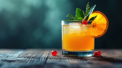 a glass of orange juice with a garnish on the rim and garnish on the rim and garnish on the rim.