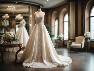 A beautiful, stylish wedding dress or bridal dress hanging on a mannequin in a luxury boutique. Fashion look. Interior of bridal salon design. - obrazy, fototapety, plakaty