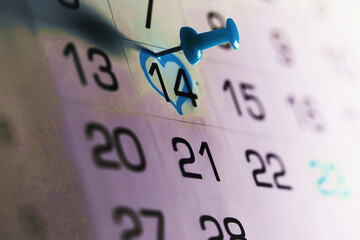Calendar with circled date february 14. Blue heart shape. Blue flag. Valentines day.