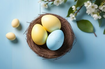 Easter Eggs with Spring Flowers on a Blue Background, Colored Holiday Egg Card