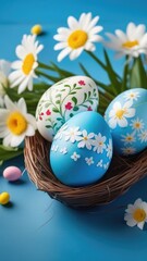 Obraz na płótnie Canvas Easter Eggs with Spring Flowers on a Blue Background, Colored Holiday Egg Card