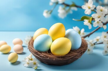 Easter Eggs with Spring Flowers on a Blue Background, Colored Holiday Egg Card