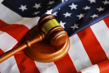 Judge's gavel on the table in focus. Cropped view of Judge's hammer for attention and verdict,...