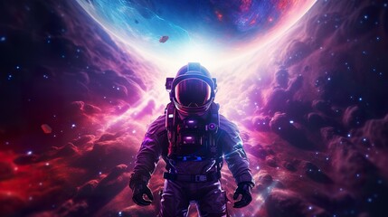 abstract illustration of astronaut floating in outer space, dreamlike cosmonaut in space suit flying on purple clouds of cosmos, astronomy concept