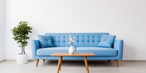 Fototapeta na wymiar Blue couch and wooden coffee table in white apartment
