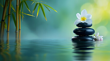 Zen balance: black stones, bamboo, and water reflection with a touch of floral grace