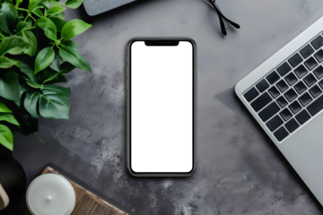 Top View Phone Screen Mockup on Wooden Surface, Modern Simplicity