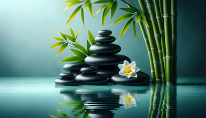 Obraz na płótnie Canvas Zen balance: black stones, bamboo, and water reflection with a touch of floral grace