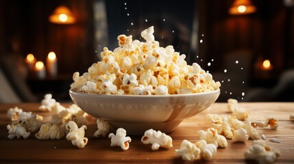 Popcorn in a white bowl on a wooden table in a dark room