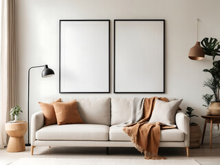 Blank picture frame mockup on white wall. Modern living room design. View of modern Scandinavian style interior, minimalism concept. Two vertical templates for artwork, photo or poster design.
