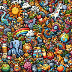Fototapeta premium Colorful Doodle art piece with various animals and objects