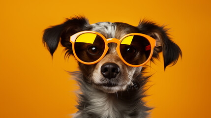 Funny dog with orange glasses photo Dachshund with eyes glasses and sweater on orange background , Generate AI