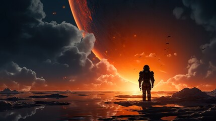 colorful illustration of astronaut in space suit and helmet exploring alien planet with mountains and stars and moons on night sky, astronomy concept  - obrazy, fototapety, plakaty